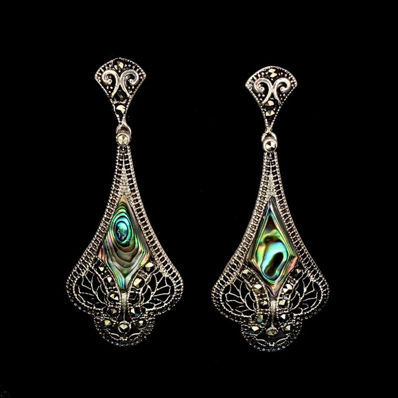 Jewelry - Victorian Filigree Abalone & Marcasite Earrings